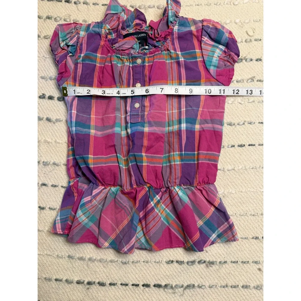 Ralph Lauren Toddler Girls 24M Plaid Ruffle Peplum Top Pink Purple Cotton Blouse